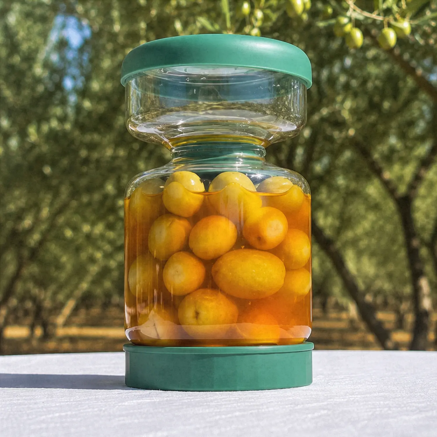 Aceitunero con las aceitunas cubiertas por su líquido de conservación