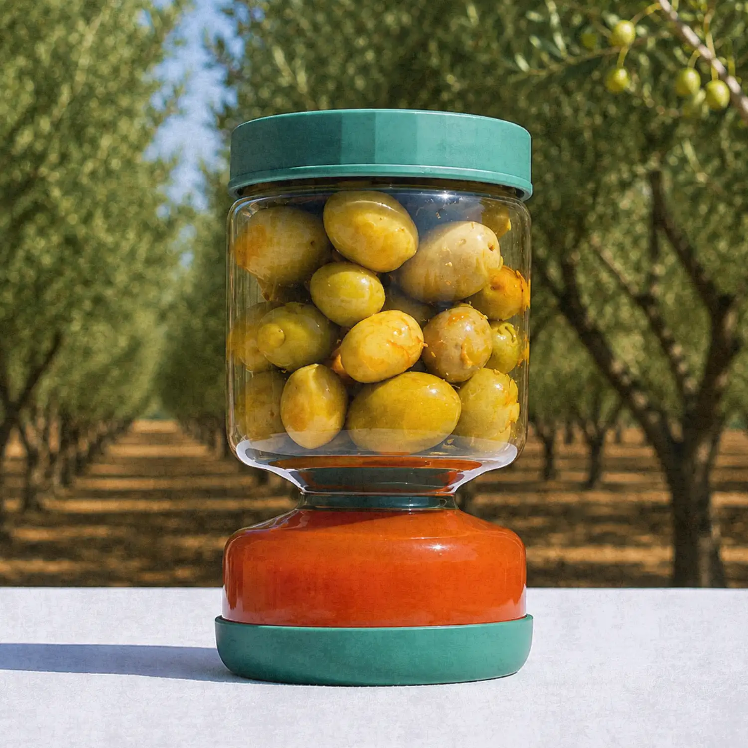 Aceitunero con el líquido separado y las aceitunas listas para servir