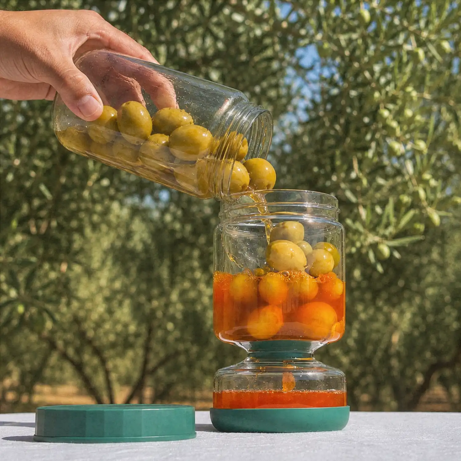 Echando aceitunas dentro del Aceitunero de Gran Almazara
