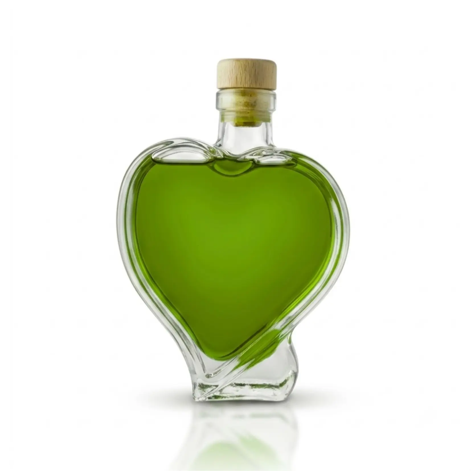 Botella de aceite de oliva con forma de corazón, sin etiqueta