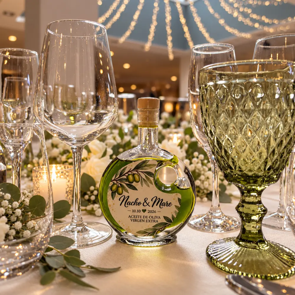Botella Ópalo de aceite de oliva personalizada para una boda