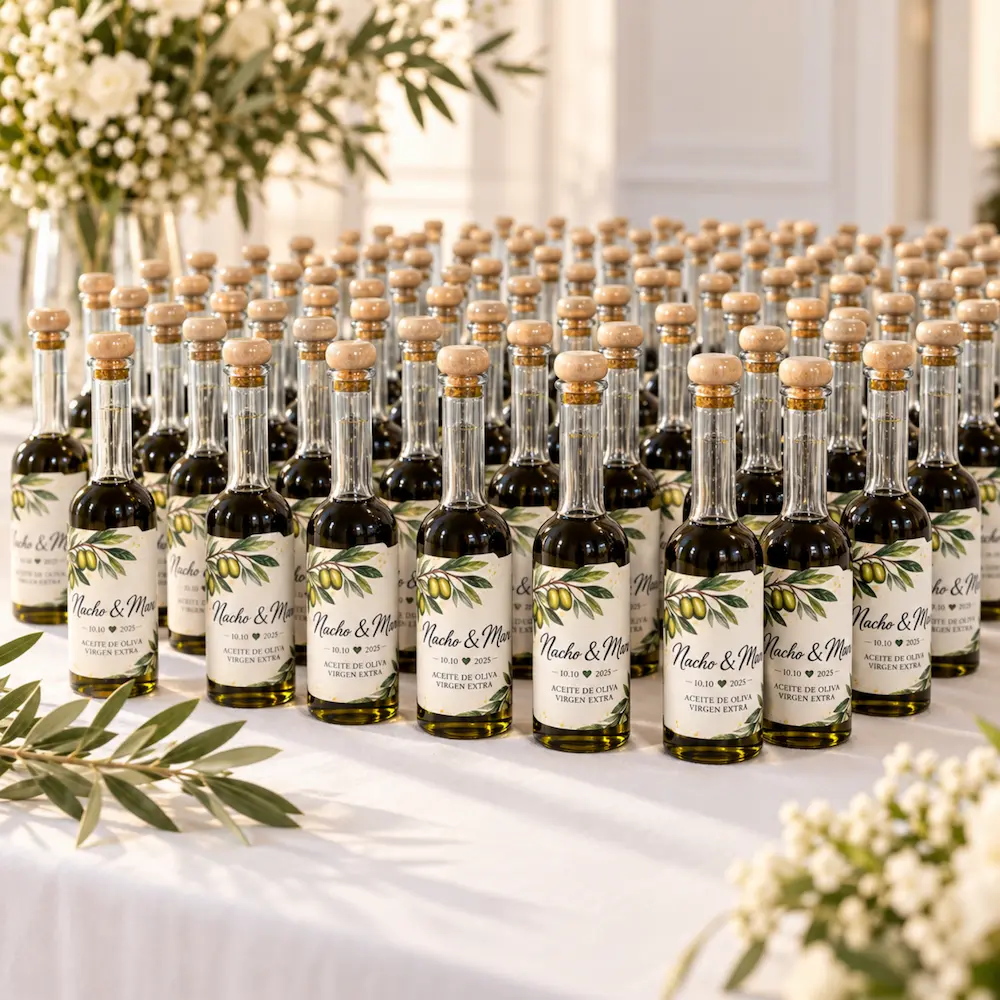 Botellas Sorgente de aceite de oliva personalizadas para una boda
