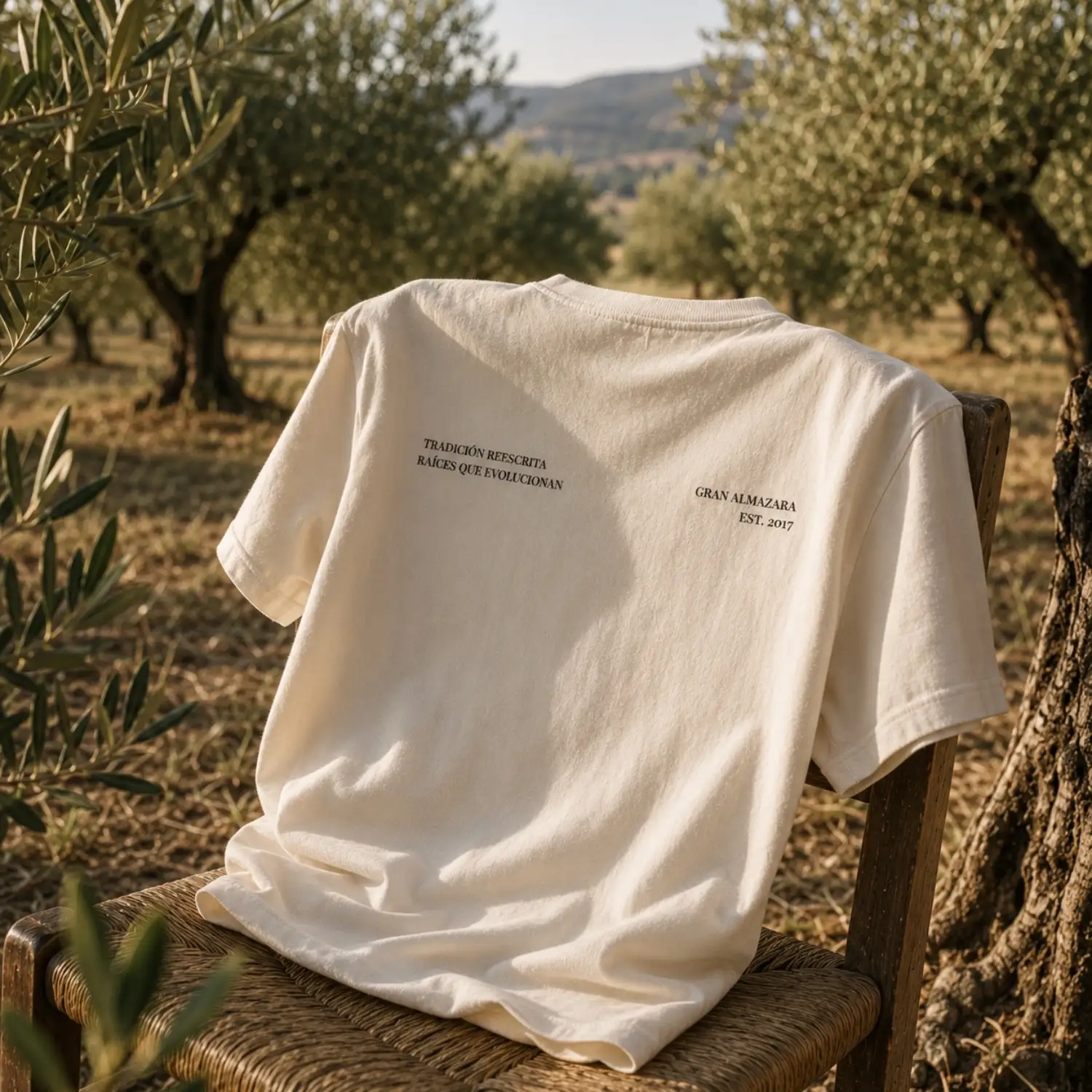 Camiseta Tradición Reescrita sobre una silla en el olivar de Gran Almazara