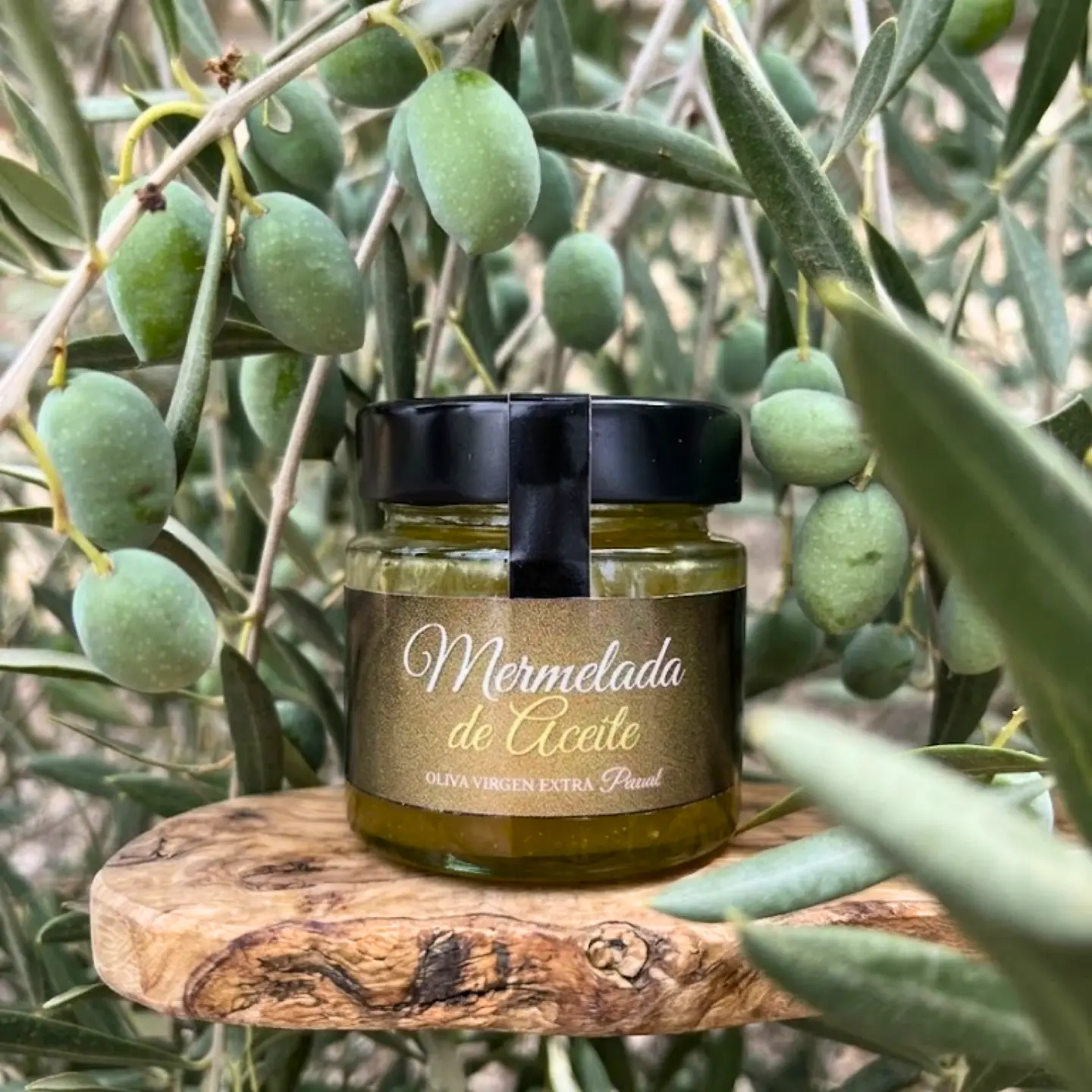 Tarro de mermelada de aceite de oliva virgen extra rodeado de aceitunas verdes