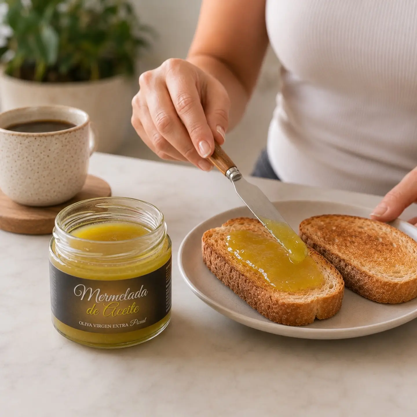 Mermelada de aceite de oliva virgen extra untada en una tostada