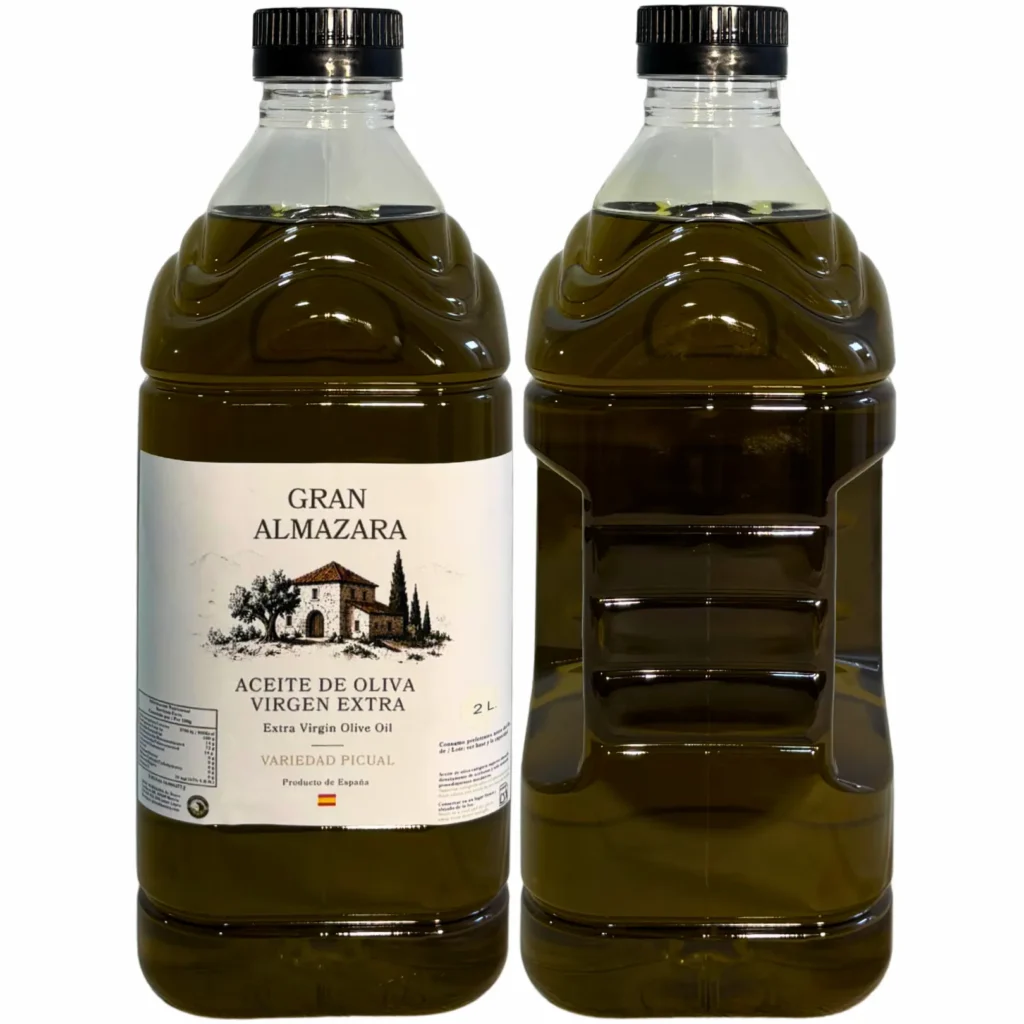 Vista frontal y trasera de la garrafa de aceite Picual de 2 litros