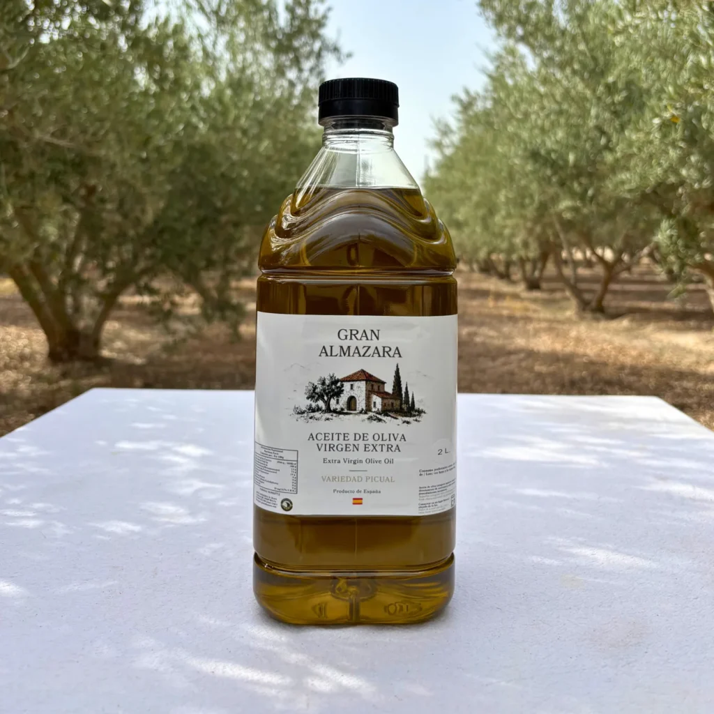 Garrafa de aceite Picual de 2 litros con la etiqueta a la vista en el olivar de Gran Almazara