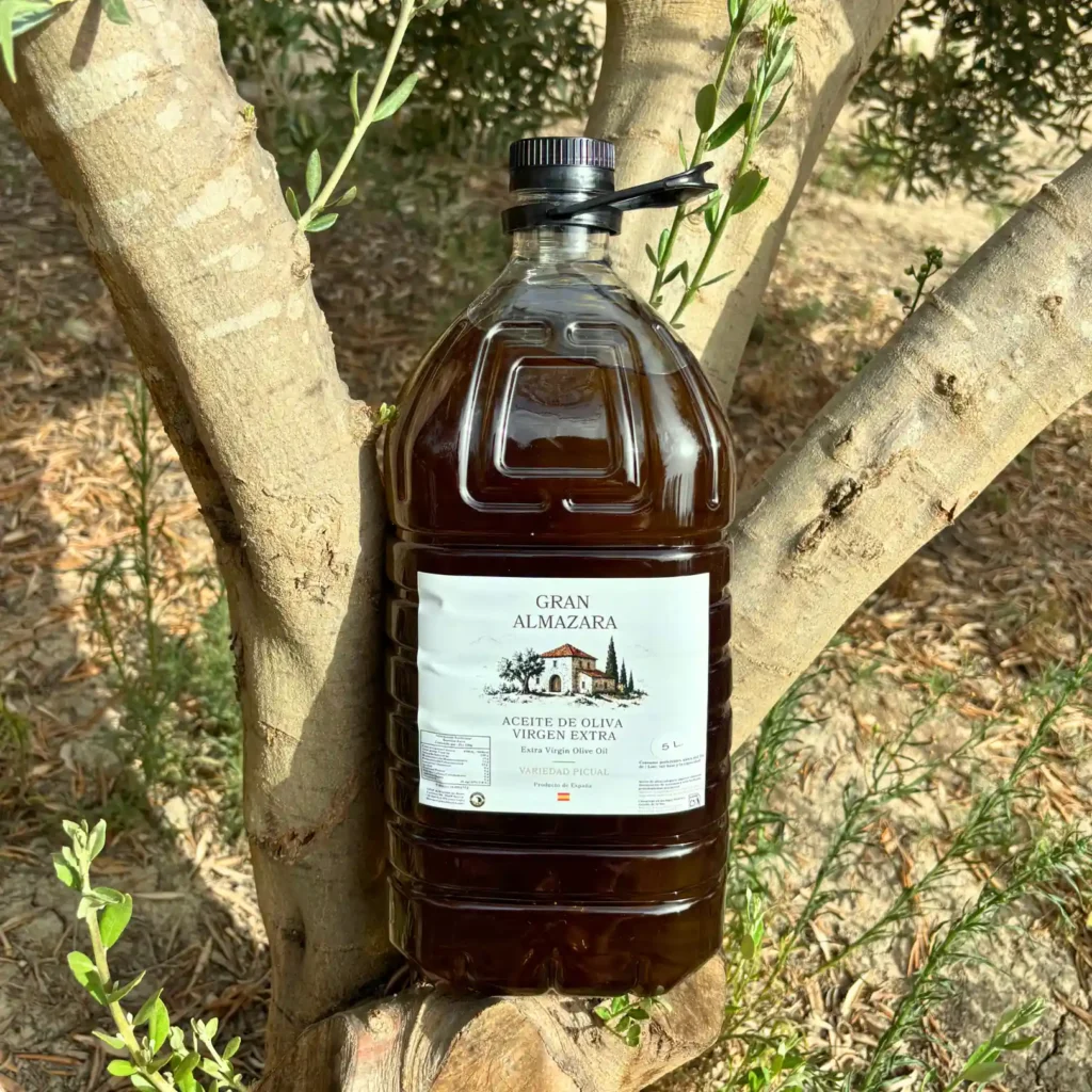 Garrafa de aceite Picual de 5 litros apoyada entre las ramas de un olivo