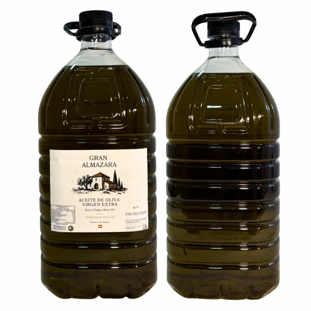 Vista frontal y trasera de la garrafa de aceite Picual de 5 litros