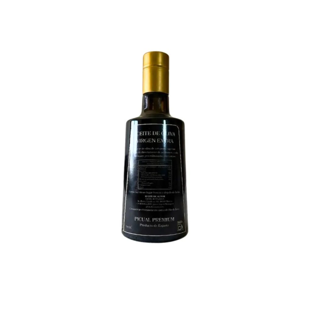 Etiqueta trasera de la botella de aceite Picual de 500 ml con la información del producto