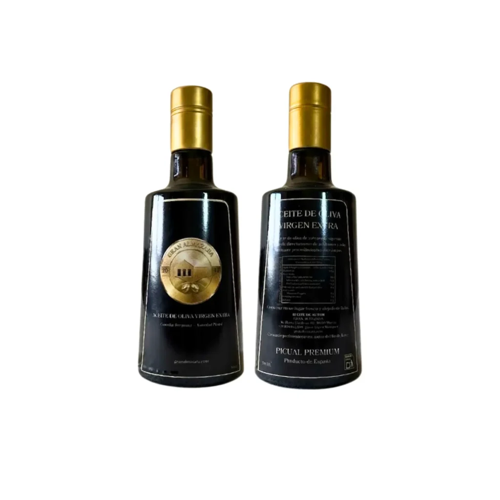 Vista frontal y trasera de la botella de aceite Picual de 500 ml
