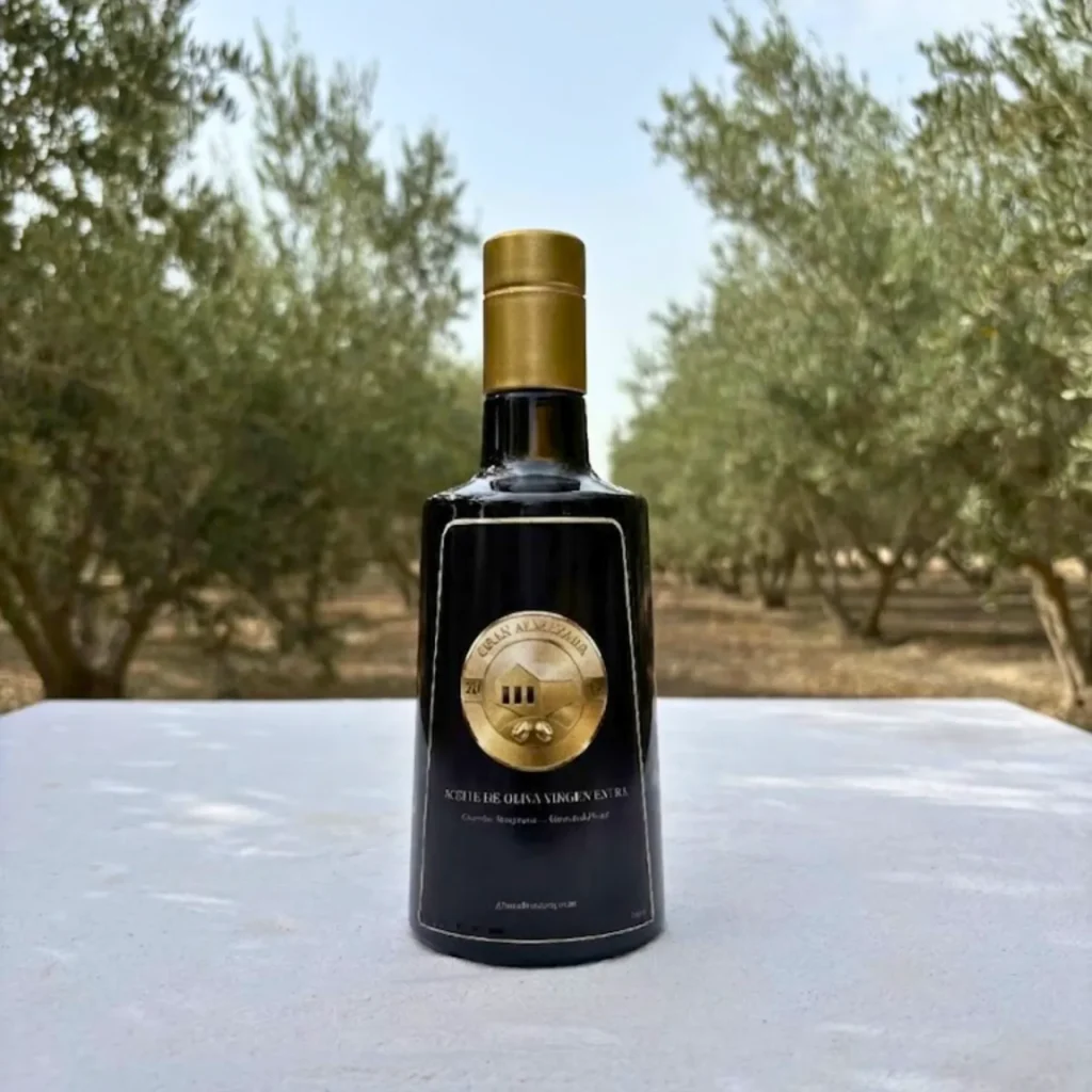 Botella de aceite Picual de 500 ml con la etiqueta a la vista en el olivar de Gran Almazara