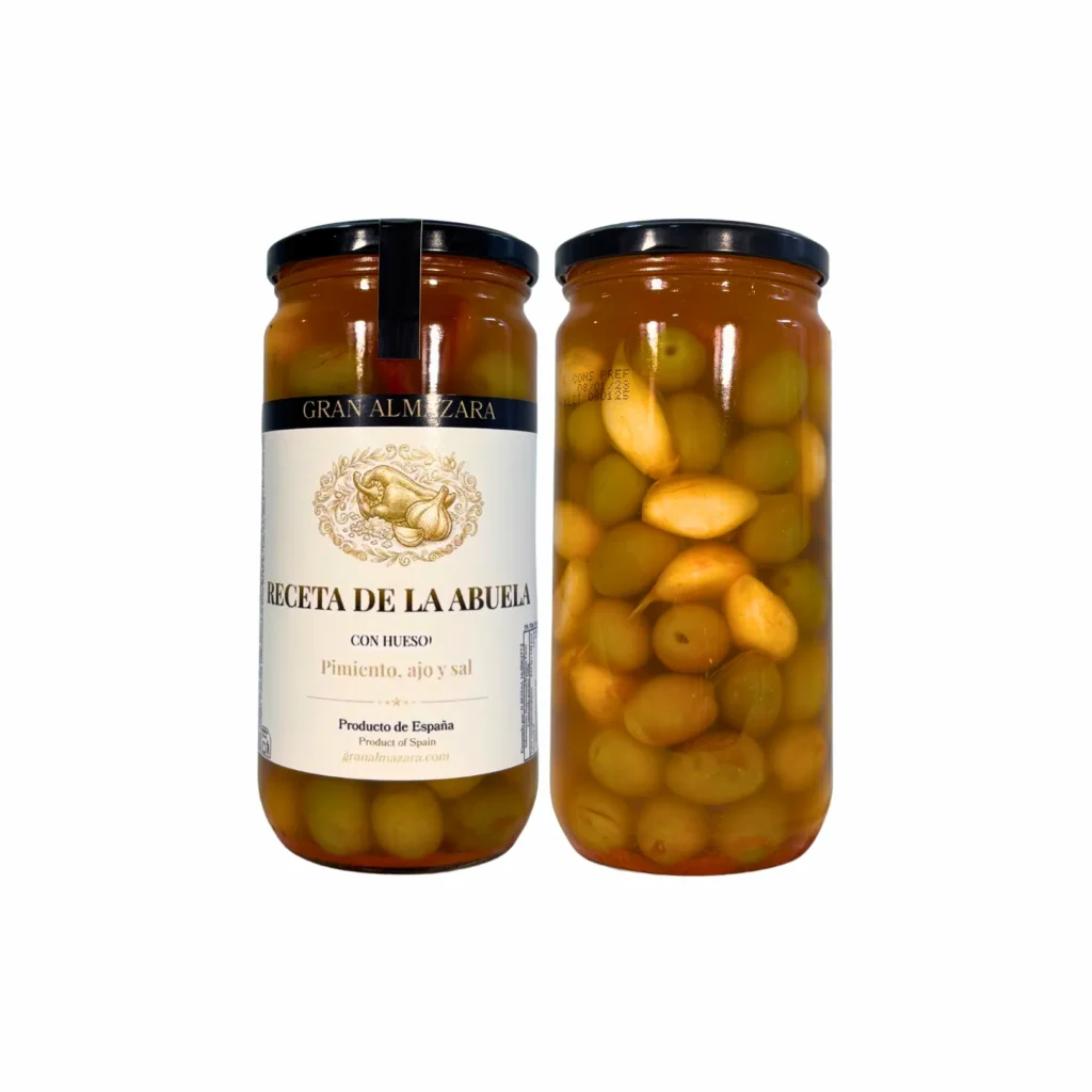 Tarro de aceitunas Aliño de la Abuela de frente y por detrás