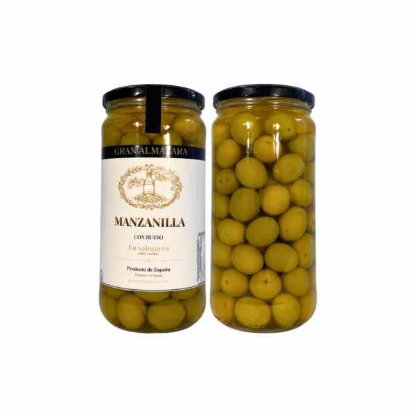 Tarro de aceitunas Manzanilla con hueso sabor anchoa de frente y por detrás