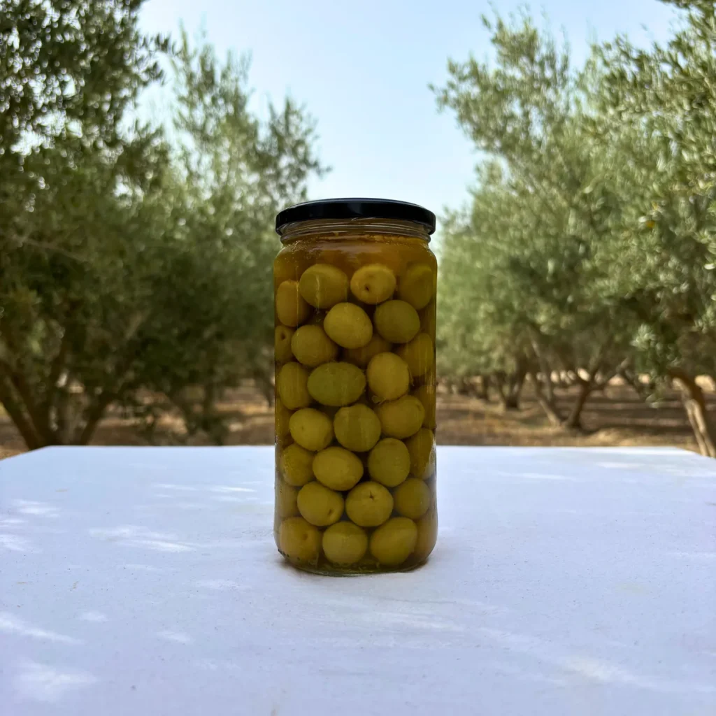 Aceitunas Manzanilla con hueso vistas a través del cristal del tarro