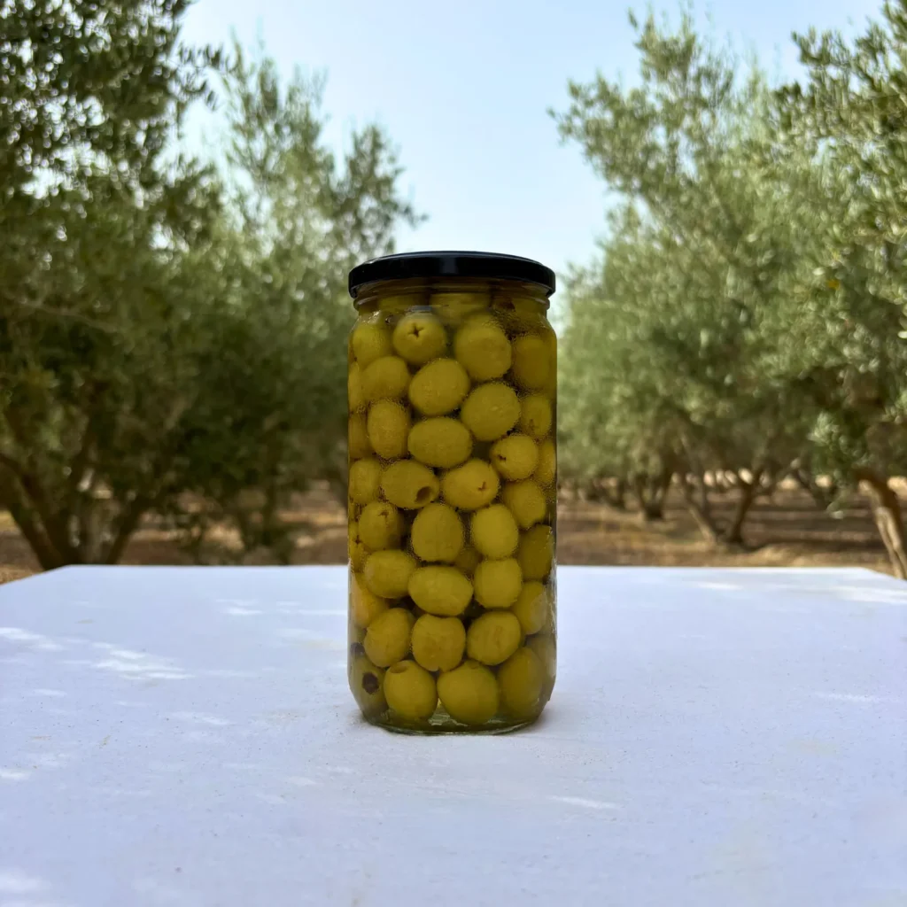 Aceitunas Manzanilla sin hueso vistas a través del cristal del tarro