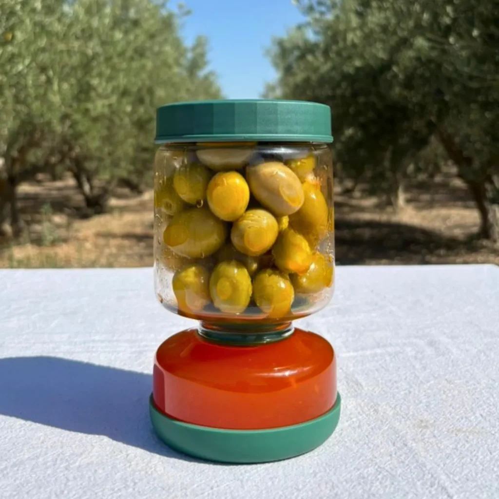 Aceitunero lleno de aceitunas con el líquido separado en la parte inferior reloj de arena