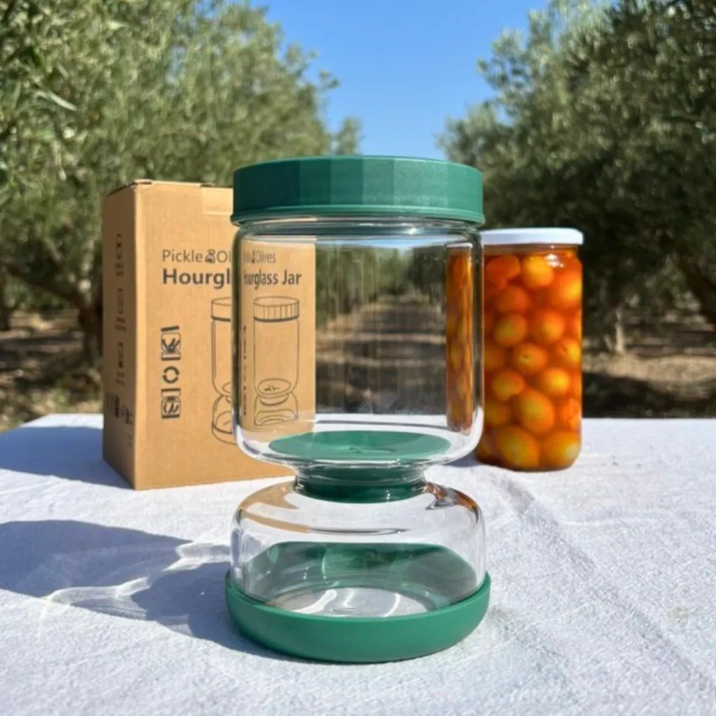 Aceitunero junto a su caja y al tarro de aceitunas que puede contener
