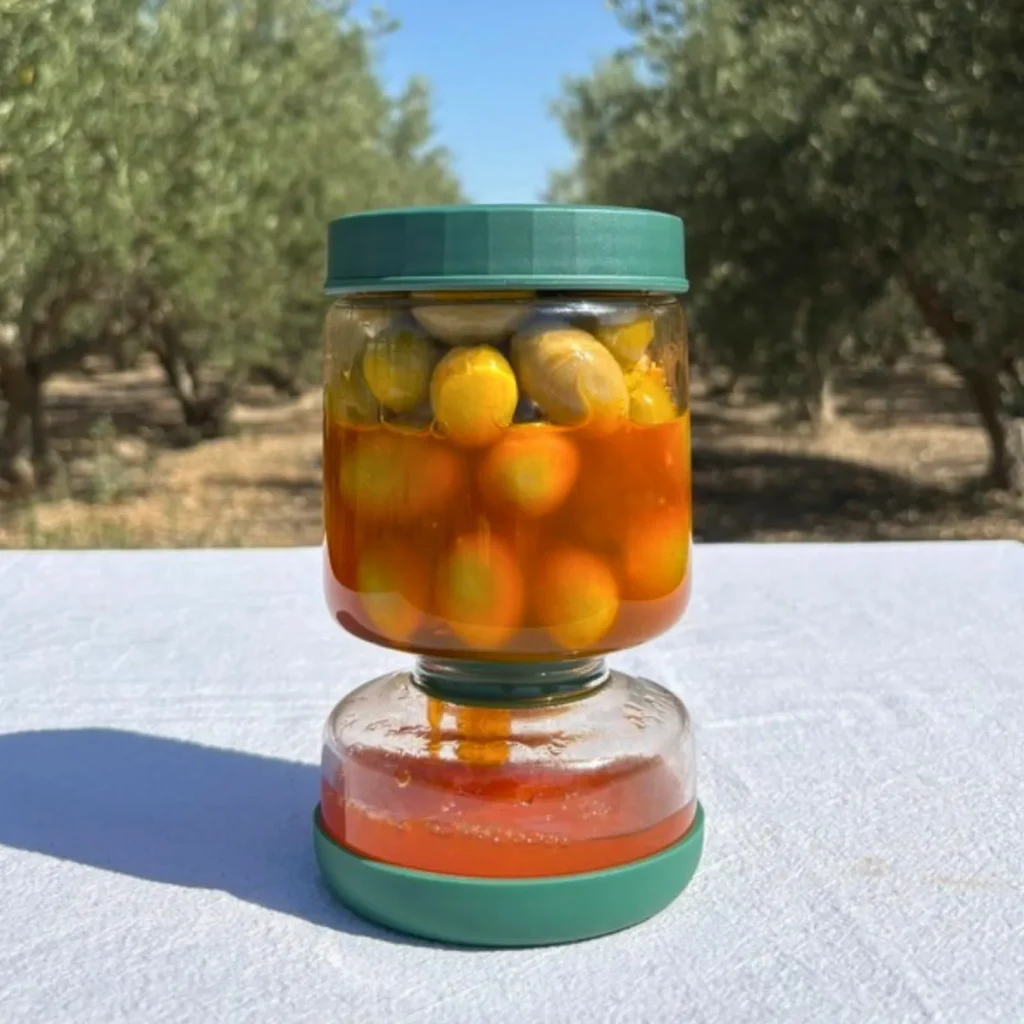 Tarro escurriendo el líquido para coger las aceitunas sin mojarse