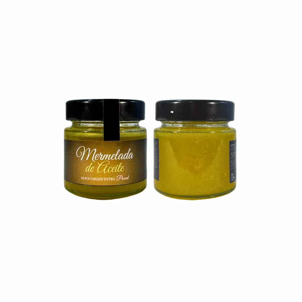 Tarro de mermelada de aceite de oliva virgen extra de frente y por detrás