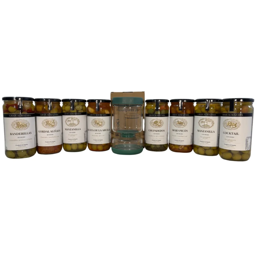 Pack degustación con un tarro de cada variedad de aceitunas y el Aceitunero de regalo de Gran Almazara