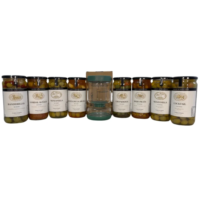 Pack degustación con un tarro de cada variedad de aceitunas y el Aceitunero de regalo de Gran Almazara