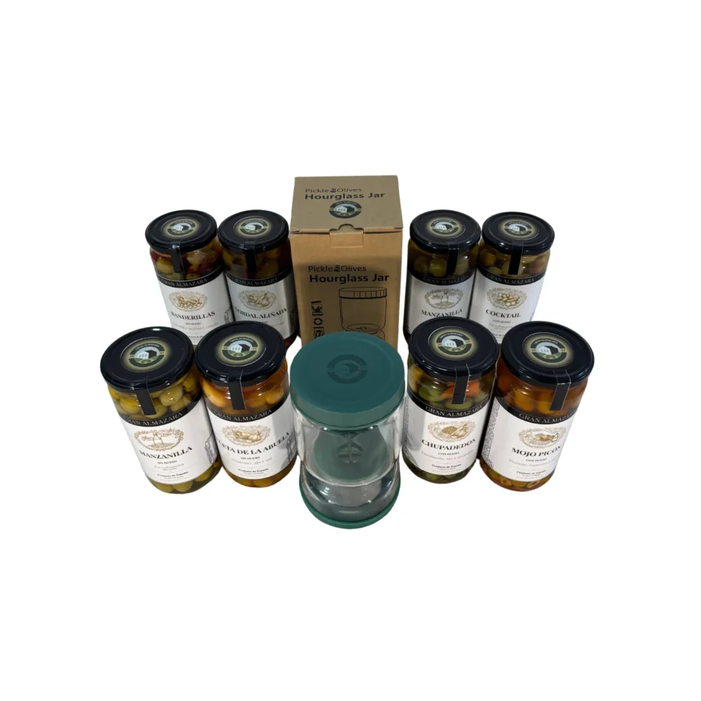 Todas las variedades de aceitunas del pack degustación de Gran Almazara con el Aceitunero