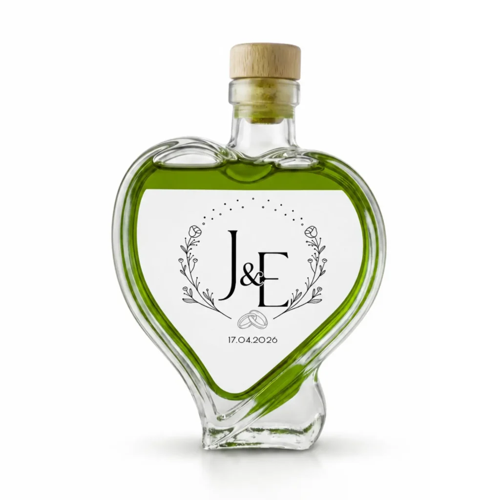 Botella con forma de corazón de 100 ml de aceite de oliva virgen extra con etiqueta personalizada para boda