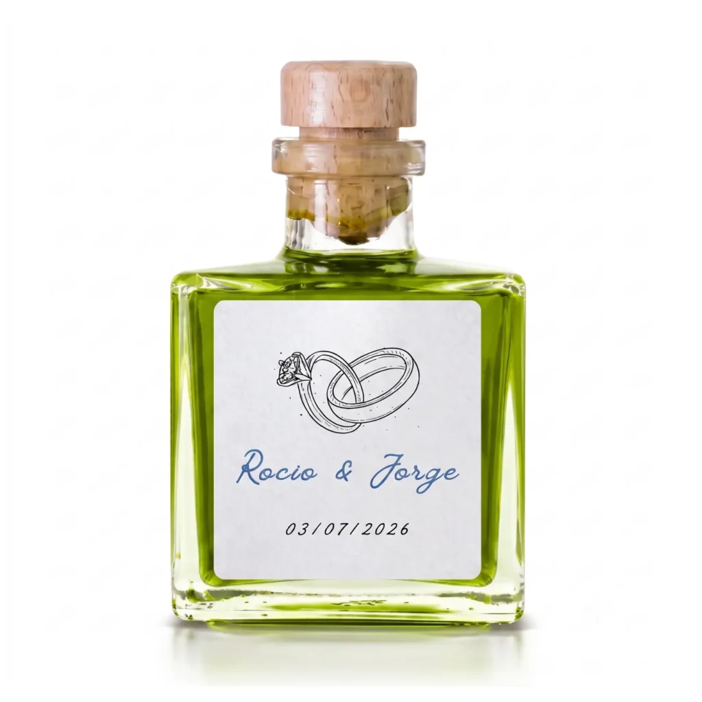 Botella para eventos cuadrada de 100 ml de aceite de oliva virgen extra con etiqueta personalizada para boda