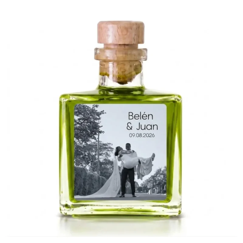 Botella Cuadradito de 100 ml con etiqueta con foto de los novios