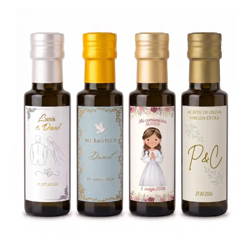 Botella Dórica de 100 ml de aceite de oliva virgen extra con etiqueta personalizada para boda, comunión, evento