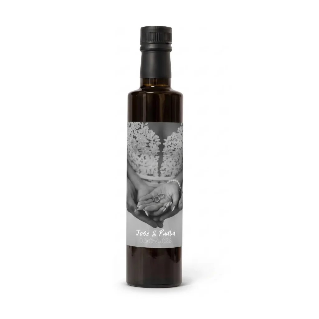 Botella Dórica de 250 ml de cristal oscuro con etiqueta con foto de boda