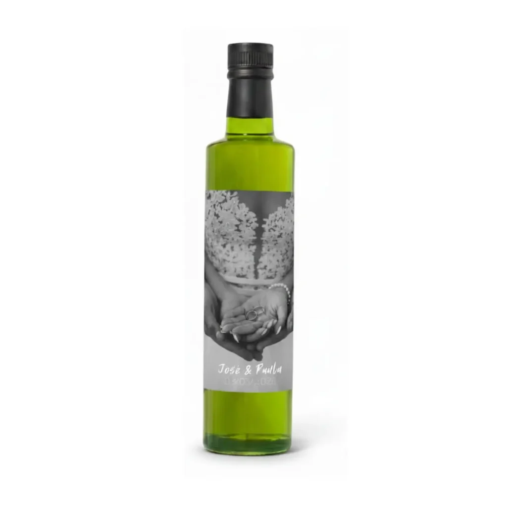 Botella Dórica de 250 ml de cristal transparente con etiqueta con foto de boda
