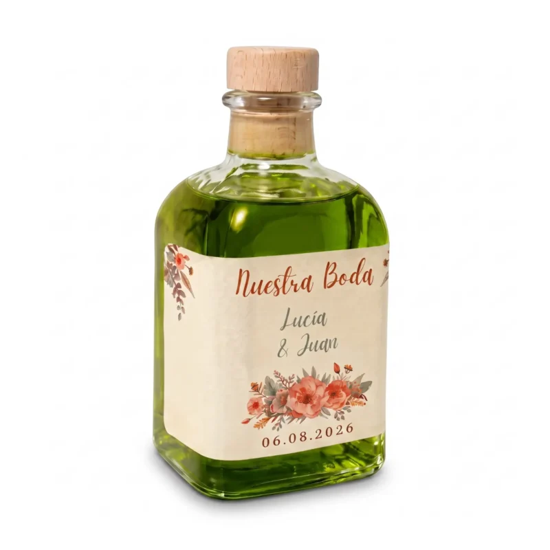 Botella Frasca de 100 ml de aceite de oliva virgen extra con etiqueta personalizada para boda