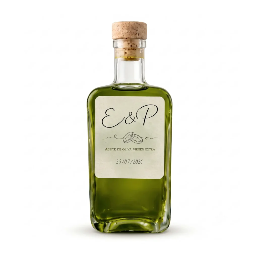 Botella Gardi de 200 ml de aceite de oliva virgen extra con etiqueta personalizada para boda