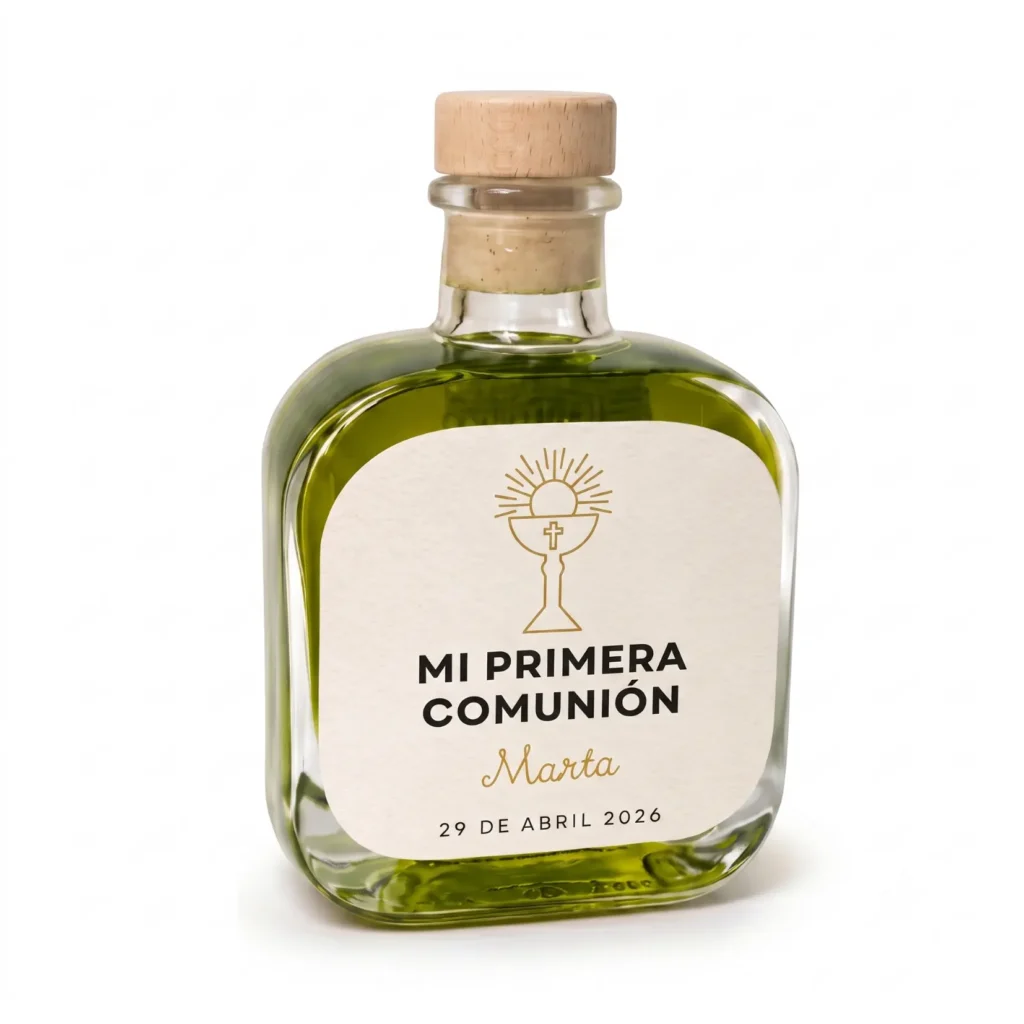 Botella Melanie de 100 ml de aceite de oliva virgen extra con etiqueta personalizada para boda