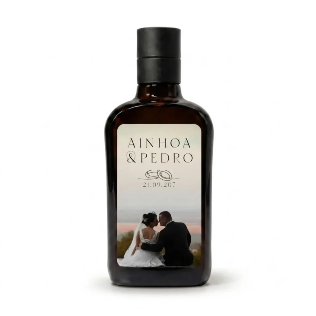 Botella Moresca de 250 ml con etiqueta con foto de los novios