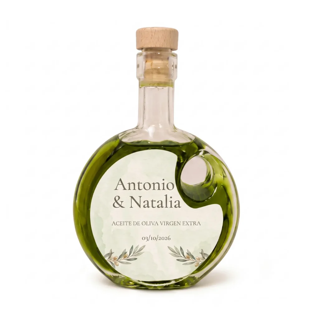 Botella perfecta Ópalo de 100 ml de aceite de oliva virgen extra con etiqueta personalizada para boda