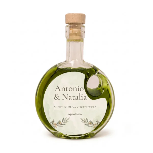 Botella perfecta Ópalo de 100 ml de aceite de oliva virgen extra con etiqueta personalizada para boda