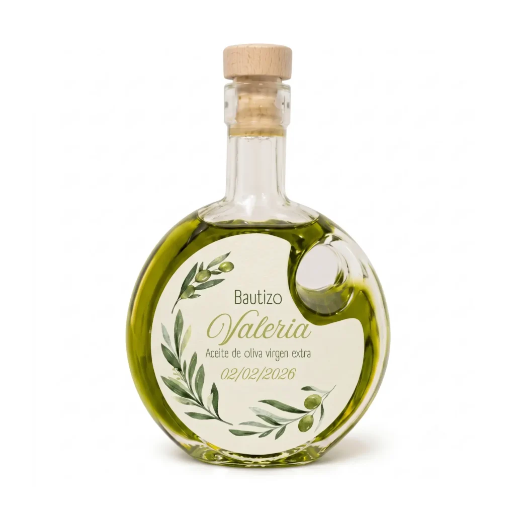 Botella Ópalo de 200 ml de aceite de oliva virgen extra con etiqueta personalizada para boda