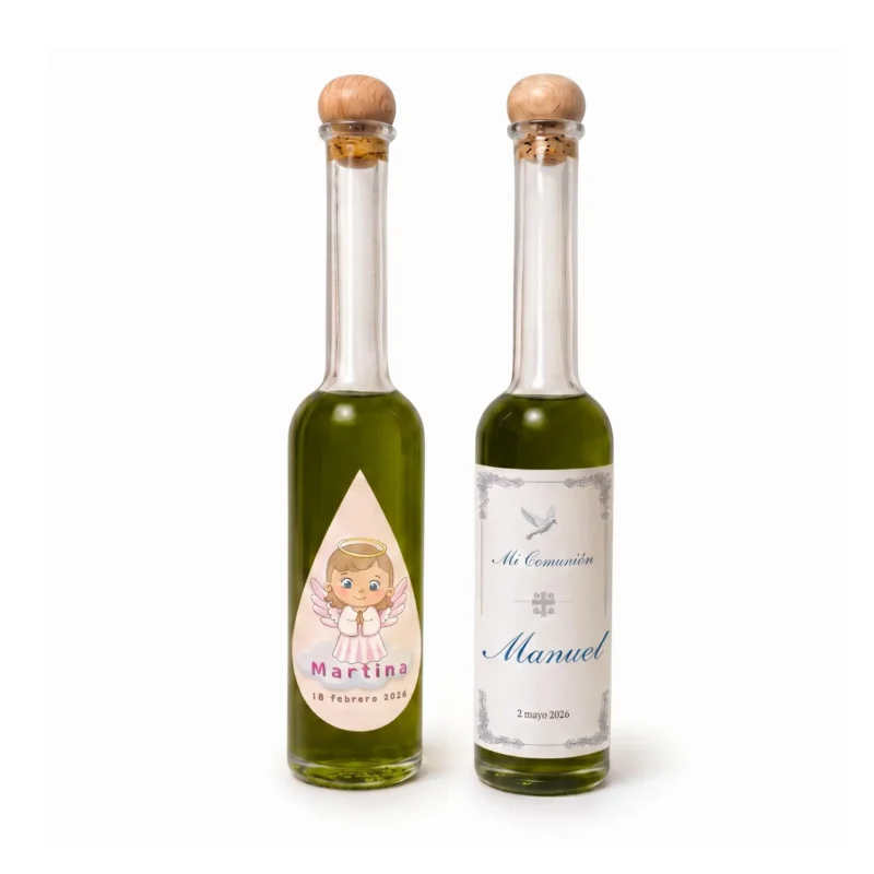 Botella Sorgente de 100 ml de aceite de oliva virgen extra con etiqueta personalizada para boda