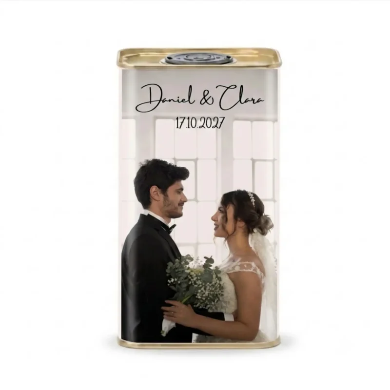 Lata rectangular de 1 litro con etiqueta con foto
