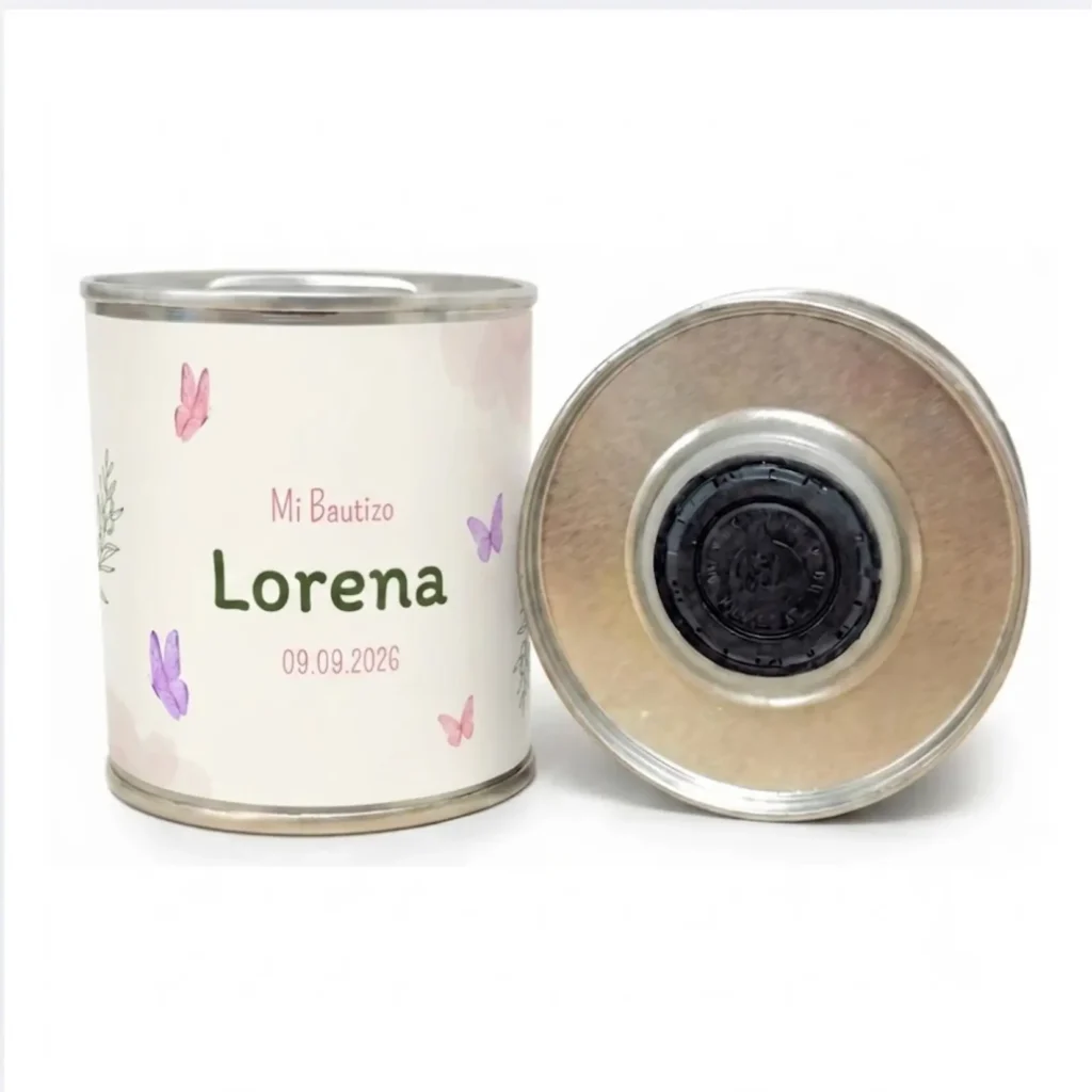 Lata esférica de 125 ml con etiqueta de papel personalizada para bodas