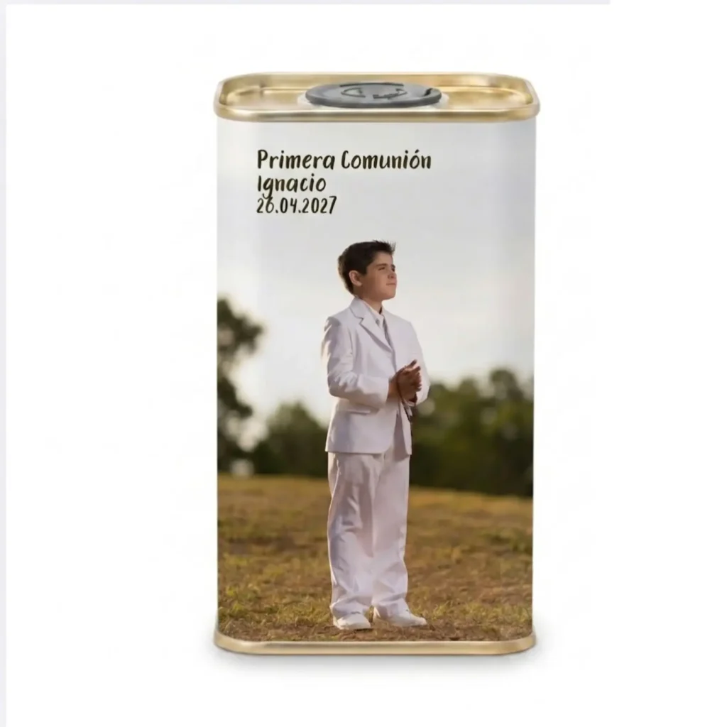 Lata rectangular de 250 ml con etiqueta con foto de comunión