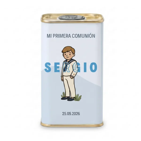Lata rectangular de 250 ml de aceite de oliva virgen extra con etiqueta personalizada para comunión