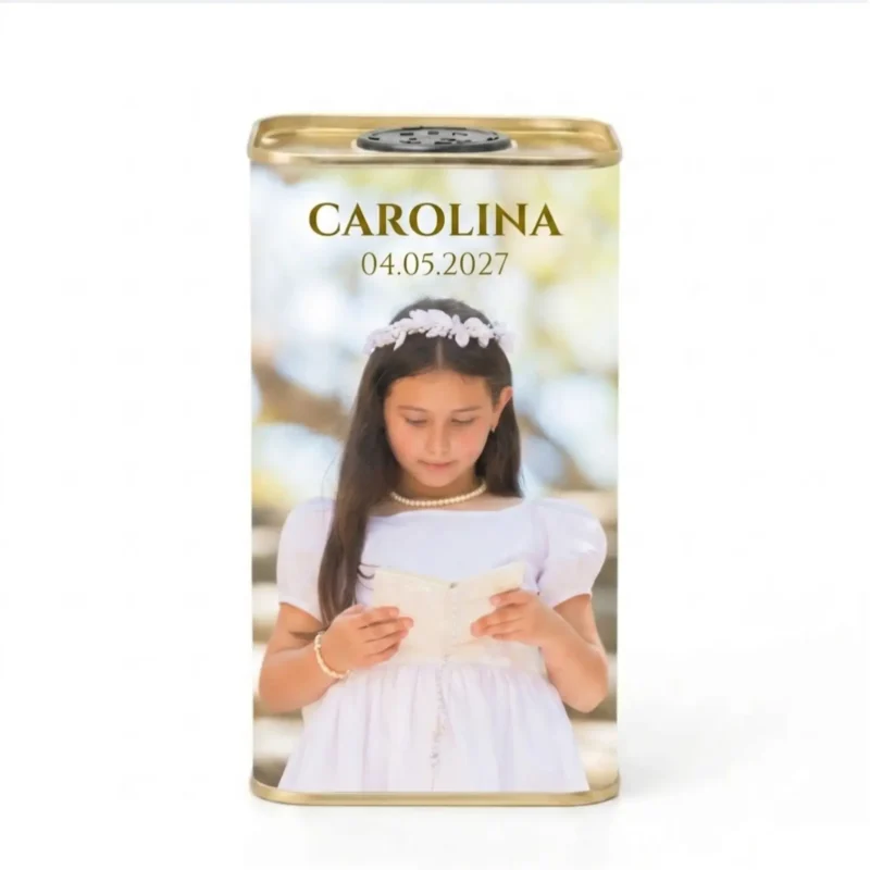 Lata rectangular personalizable de 500 ml con etiqueta con foto