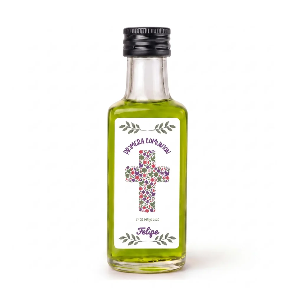 Minibotella Dórica de 20 ml de aceite de oliva virgen extra con etiqueta personalizada para boda