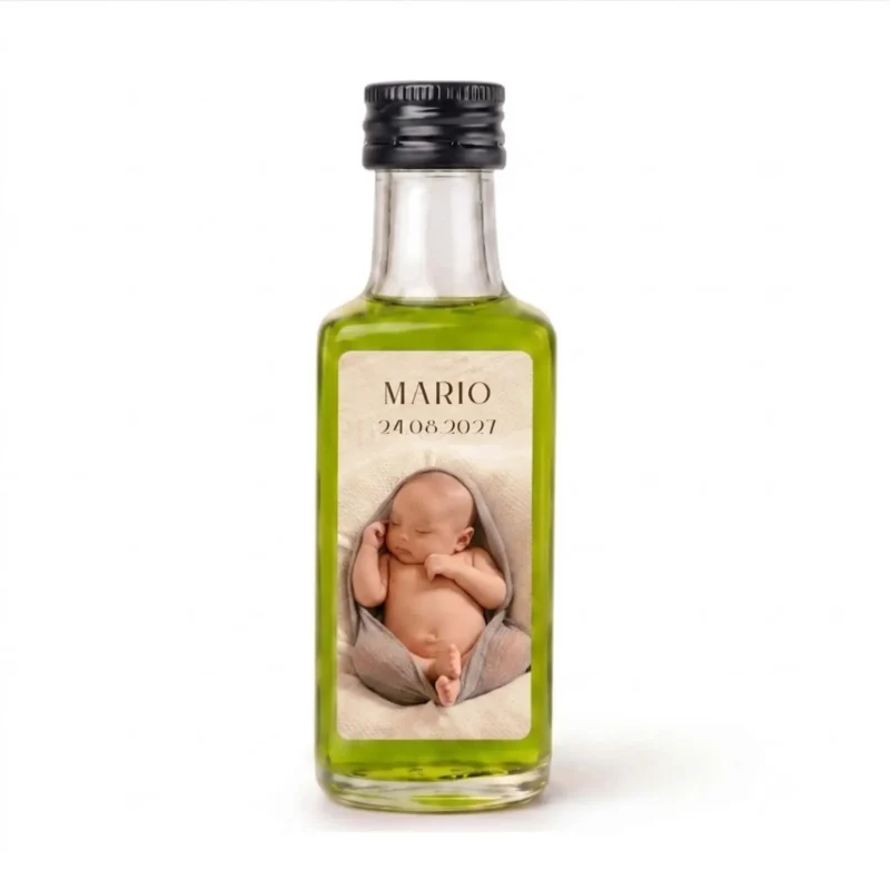 Minibotella Dórica de 20 ml con etiqueta con foto de los novios