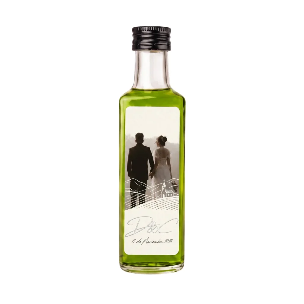 Minibotella Dórica de 40 ml con etiqueta con foto de los novios